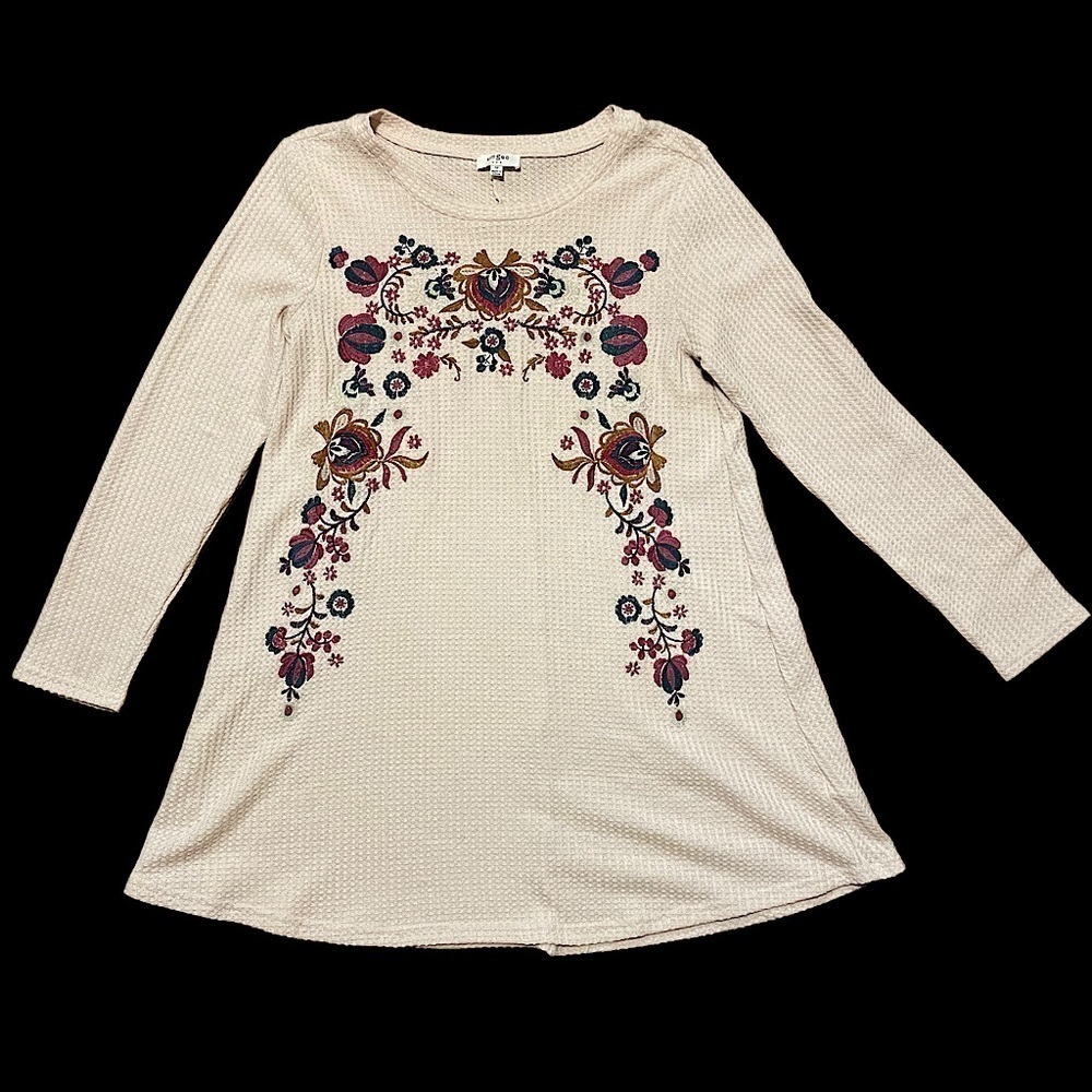 Umgee sweater Dress Waffle Knit Long Sleeve Floral Embroidered Cream Beige Boho